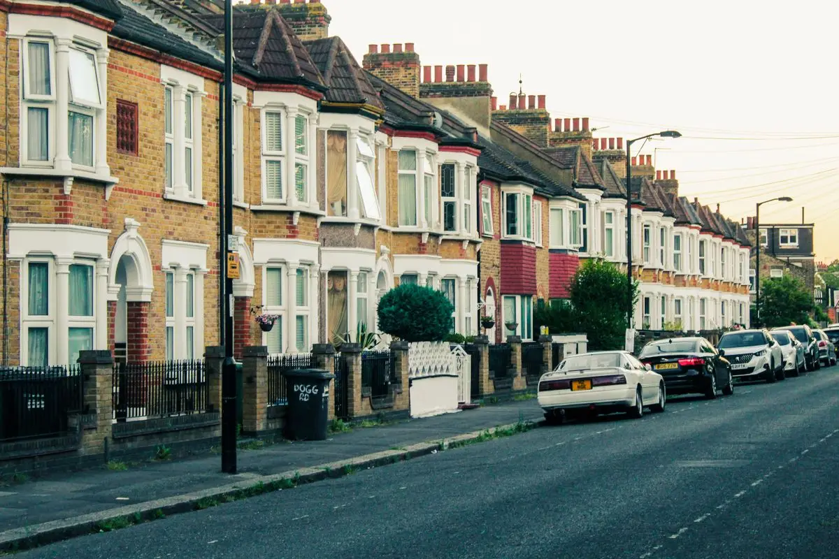 A British terraced street at dusk